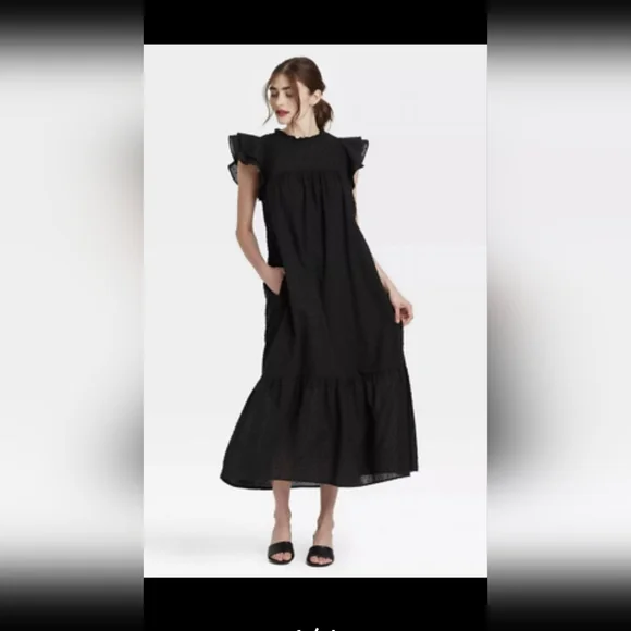 WHO WHAT WEAR BLACK MIDI TIERED DRESS SIZE XS EXTRA SMALL NWT